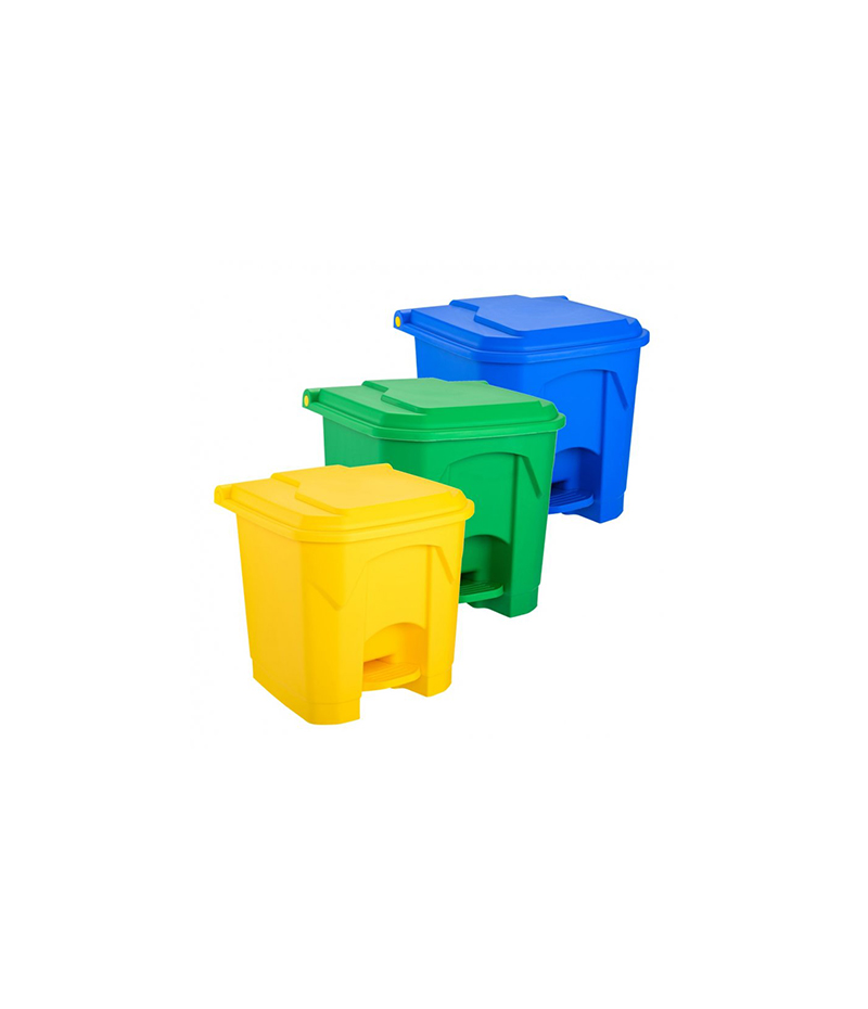 set-cosuri-gunoi-colectare-selectiva-cu-pedala-30-litri-albastru-verde-galben Set 3 Coșuri de gunoi cu pedală pentru colectare selectivă 30 litri - imagine 1